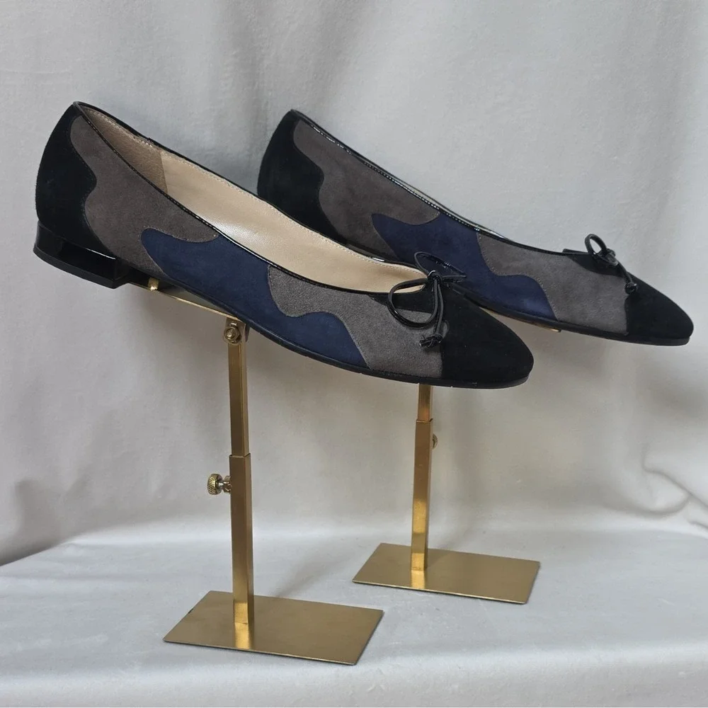 Amalfi Made In Italy Womens Suede Ballet Flat Slip-On Bow Black Gray Blue 9M